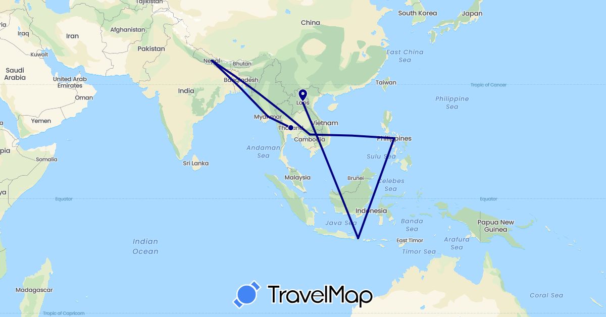 TravelMap itinerary: driving in Indonesia, Cambodia, Laos, Myanmar (Burma), Nepal, Philippines, Thailand (Asia)